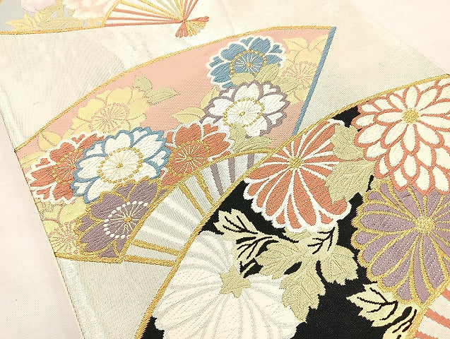 平和屋着物◎六通柄袋帯 唐織 翡翠錦 扇面花文 金糸 正絹 逸品 BAAL4354cm