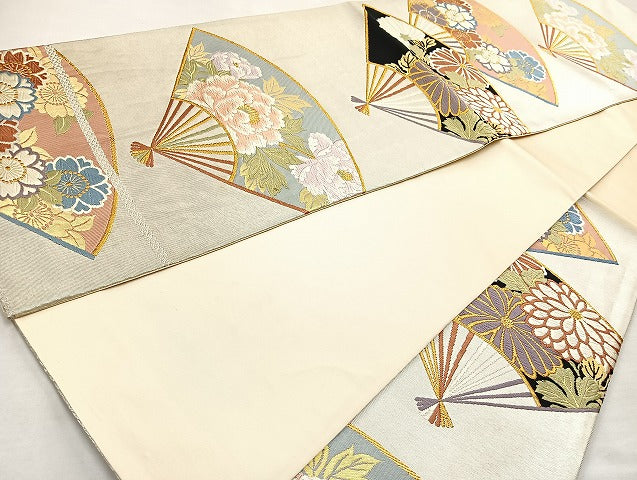 平和屋着物◎六通柄袋帯 唐織 翡翠錦 扇面花文 金糸 正絹 逸品 BAAL4354cm