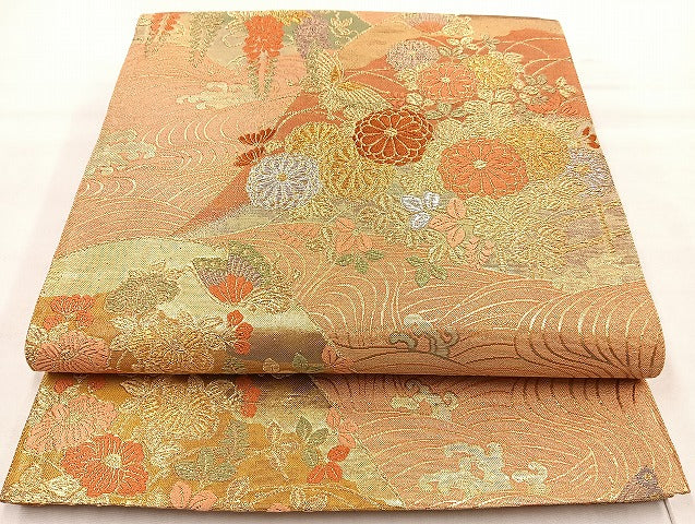 平和屋着物◎六通柄袋帯 唐織 流水花文 金銀糸 正絹 逸品 BAAL4356cm