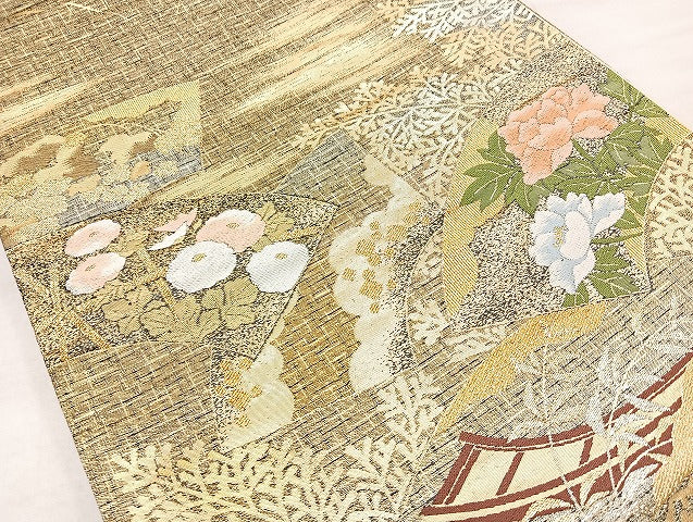 平和屋着物◎六通柄袋帯 唐織 地紙草花文 金糸 正絹 逸品 BAAL4349cm