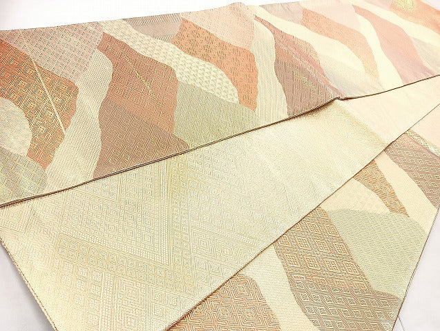 平和屋着物◎佐賀錦 六通柄袋帯 菱文 金糸 正絹 逸品 未仕立て BAAL4355cm