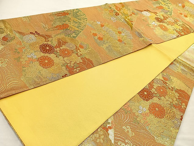 平和屋着物◎六通柄袋帯 唐織 流水花文 金銀糸 正絹 逸品 BAAL4356cm