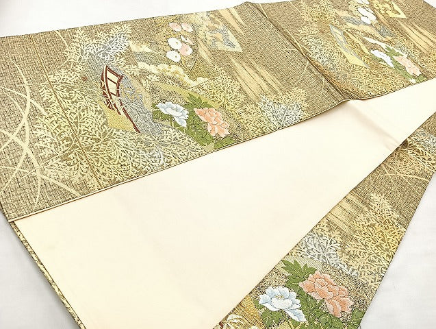 平和屋着物◎六通柄袋帯 唐織 地紙草花文 金糸 正絹 逸品 BAAL4349cm