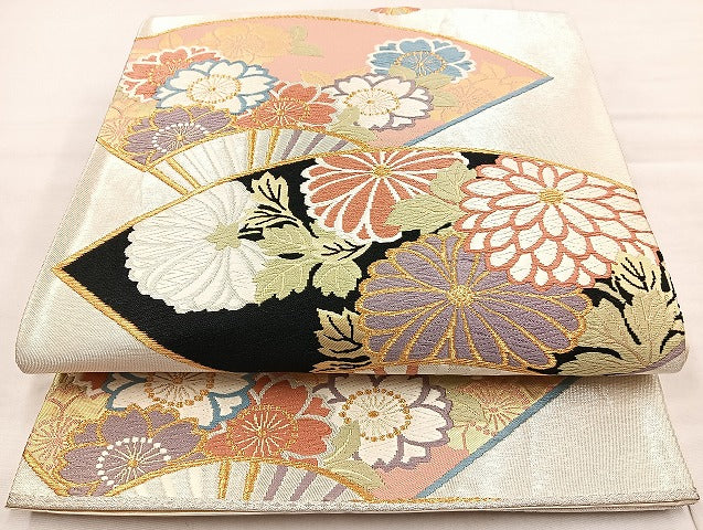 平和屋着物◎六通柄袋帯 唐織 翡翠錦 扇面花文 金糸 正絹 逸品 BAAL4354cm