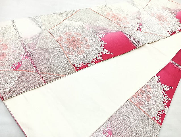 平和屋着物◎六通柄袋帯 唐織 正倉院花文 銀糸 正絹 逸品 BAAL4369cm