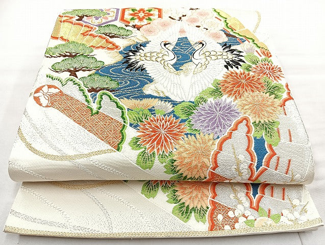 平和屋着物◎六通柄袋帯 唐織 桧扇向鶴紋 金銀糸 正絹 逸品 未仕立て BAAL4380cm