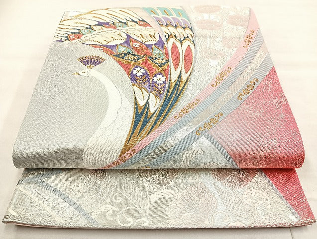 平和屋着物◎西陣 六通柄袋帯 唐織 孔雀花文 金銀糸 正絹 逸品 未仕立て BAAL4384cm