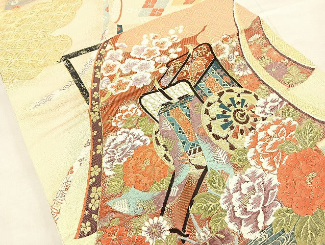 平和屋着物◎六通柄袋帯 唐織 御所車花文 金糸 正絹 逸品 BAAL6827cm