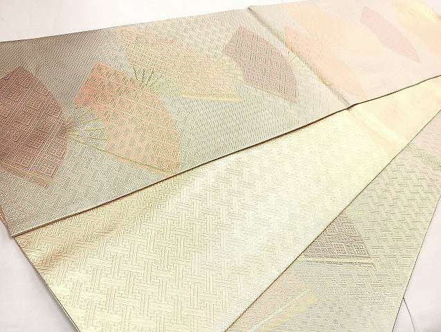 平和屋着物◎佐賀錦 六通柄袋帯 舞扇文 金糸 正絹 逸品 BAAL6841cm