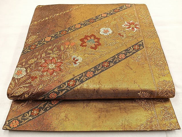 平和屋着物◎六通柄袋帯 唐織 更紗花文 金糸 引箔 正絹 逸品 BAAL6848cm