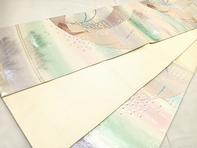 平和屋着物◎六通柄袋帯 唐織 舞蝶孔雀文 銀糸 正絹 逸品 BAAL6860cm