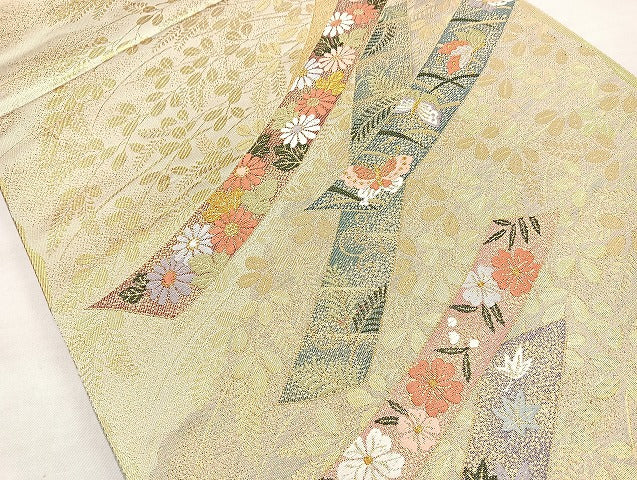 平和屋着物◎六通柄袋帯 唐織 花蝶文 金糸 正絹 逸品 BAAL6896cm