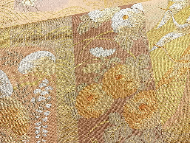 平和屋着物◎六通柄袋帯 短冊飛鶴花文 金銀糸 正絹 逸品 BAAL7802cm