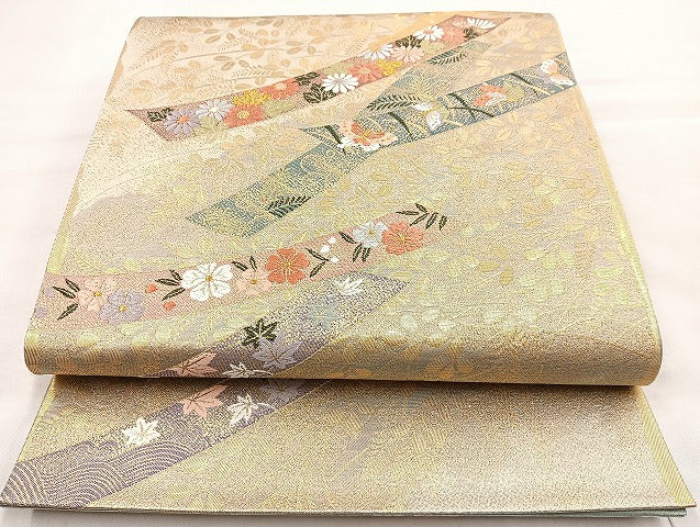 平和屋着物◎六通柄袋帯 唐織 花蝶文 金糸 正絹 逸品 BAAL6896cm