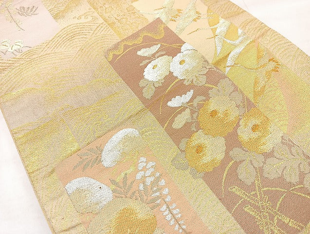 平和屋着物◎六通柄袋帯 短冊飛鶴花文 金銀糸 正絹 逸品 BAAL7802cm