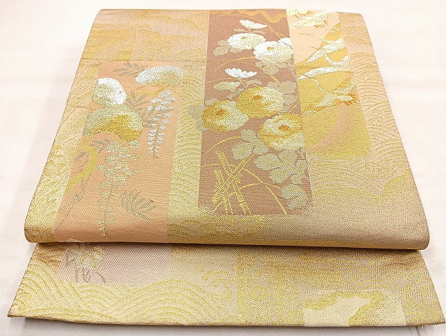 平和屋着物◎六通柄袋帯 短冊飛鶴花文 金銀糸 正絹 逸品 BAAL7802cm