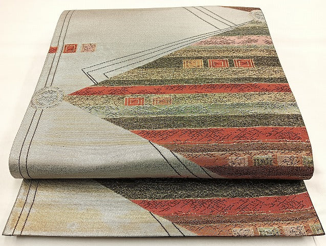 平和屋着物◎六通柄袋帯 幾何学文様 金糸 引箔 正絹 逸品 BAAL6887cm