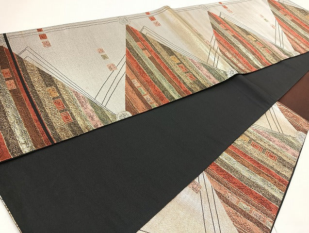 平和屋着物◎六通柄袋帯 幾何学文様 金糸 引箔 正絹 逸品 BAAL6887cm