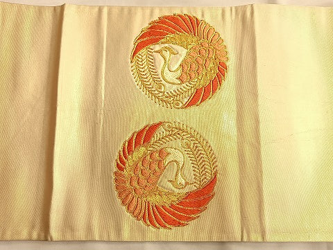 平和屋着物●太鼓柄袋帯 総刺繍 駒刺繍 向い鳳凰 金糸 正絹 逸品 BAAL0620du