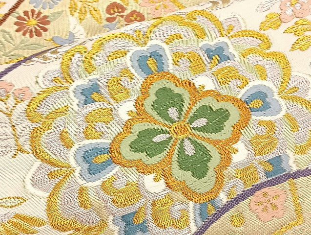 平和屋着物●六通柄袋帯 唐織 地紙重ね向い鳥花文 金糸 正絹 逸品 BAAL6133ea