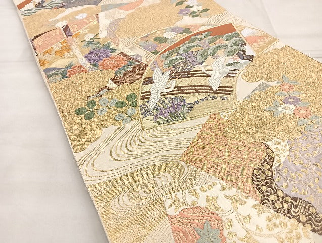 平和屋着物●六通柄袋帯 唐織 雲取り扇面双鶴図 金糸 正絹 逸品 BAAL6151ea