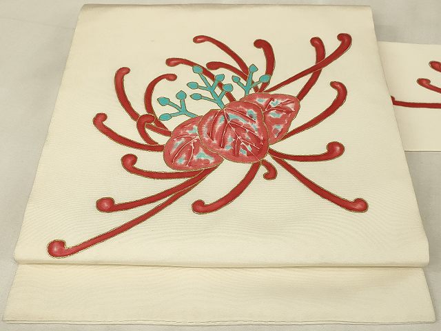 平和屋着物◎九寸名古屋帯 手描き 草花文 金彩 正絹 逸品 AAAM4190sg
