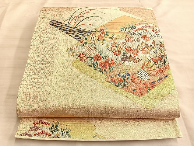 平和屋着物◎六通柄袋帯 唐織 彩綴 鴛鴦花蝶文 金銀糸 正絹 逸品 BAAL2240du