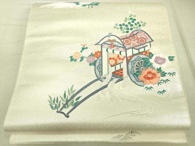 平和屋着物◎西陣 岡文織物謹製 六通柄袋帯 唐織 九百錦 鴛鴦花文 プラチナ摺箔二重織 証紙付き 正絹 逸品 DAAK5802re