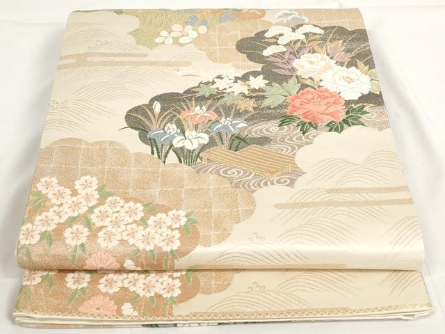 平和屋着物◎六通柄袋帯 唐織 雲取り流水花文 金糸 正絹 逸品 AAAO6783st