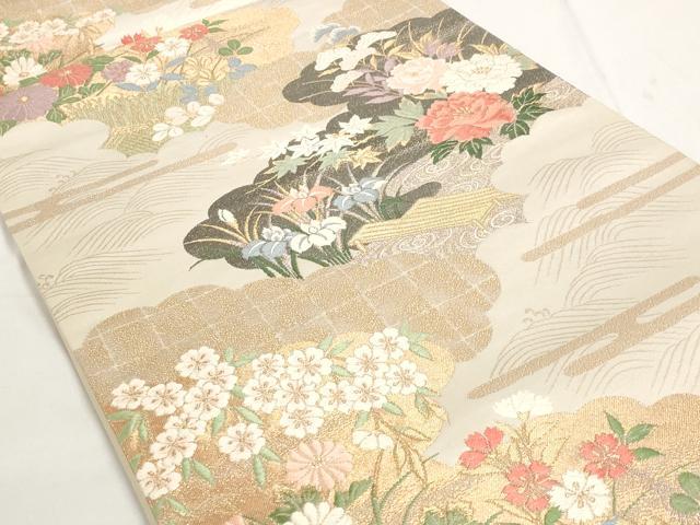 平和屋着物◎六通柄袋帯 唐織 雲取り流水花文 金糸 正絹 逸品 AAAO6783st