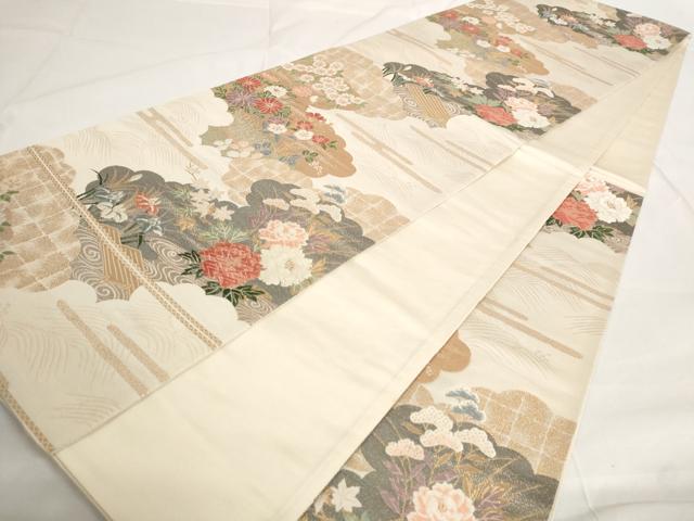 平和屋着物◎六通柄袋帯 唐織 雲取り流水花文 金糸 正絹 逸品 AAAO6783st