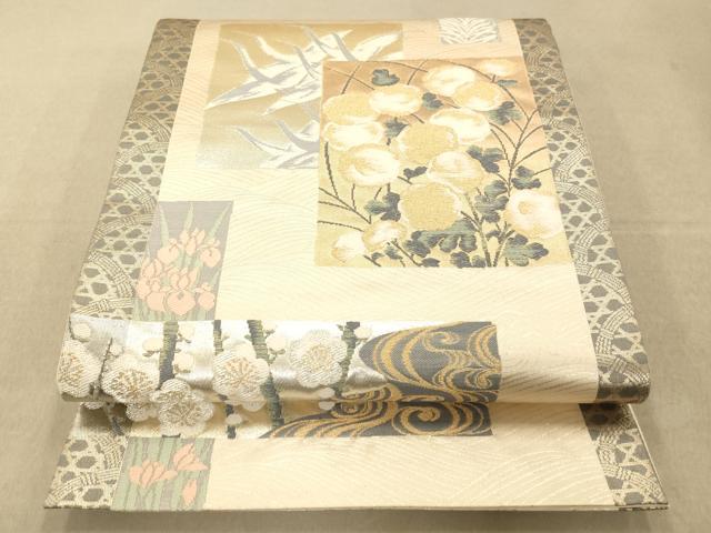 平和屋着物◎六通太鼓柄袋帯 色紙花鳥文 金糸 正絹 逸品 AAAO3845fw