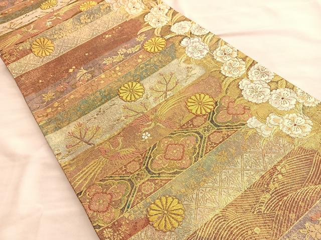 平和屋着物●六通柄袋帯 鳳凰横段秋草文 金糸 正絹 逸品 BAAL2863du