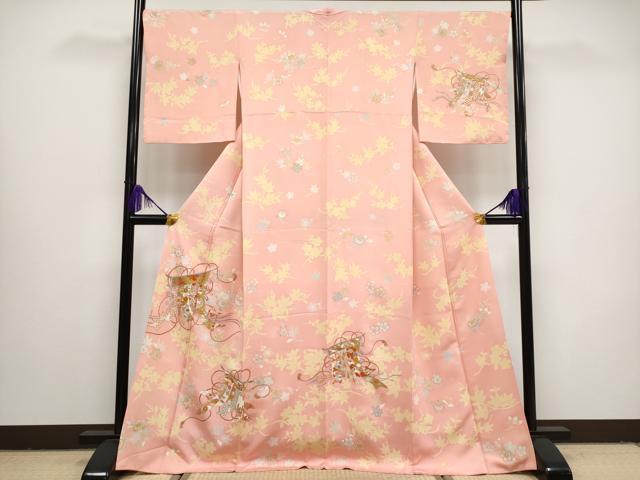 平和屋本店●極上 創業460年・千總 訪問着 刺繍 几帳鳳凰吉祥花文 金彩 珊瑚色地 逸品 CYAA2999s5
