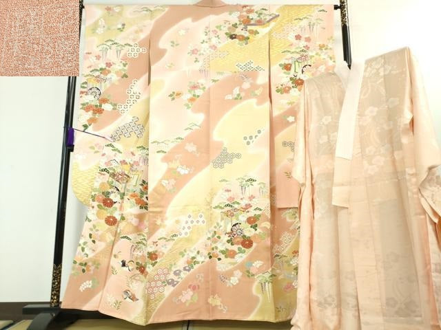 平和屋本店■極上 創業460年・千總 振袖・長襦袢(無双仕立て)セット 駒刺繍 鴛鴦御所車花文 暈し染め 金彩 逸品 DZAA3715kh5