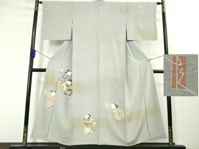 平和屋本店■極上 加賀友禅の巨匠 初代 由水十久 訪問着 童子遊び 灰青色地 暈し染め 逸品 DZAA3717kh5