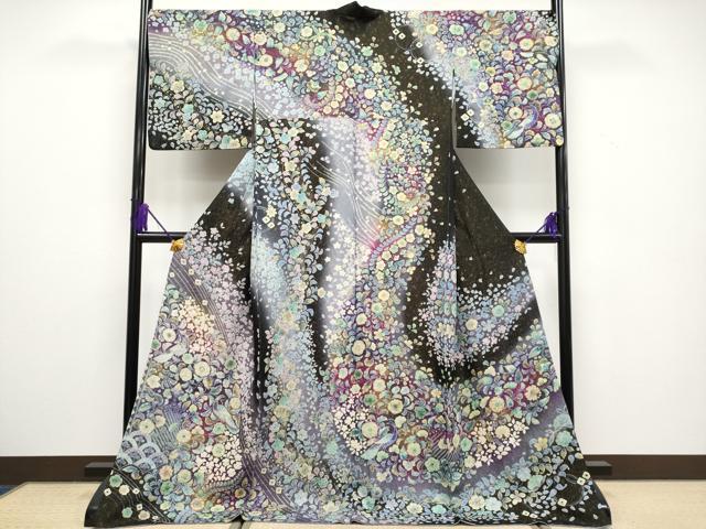平和屋本店●極上 訪問着 辻が花 絞り 暈し染め 黒地 金通し地 逸品 CYAA1598s5