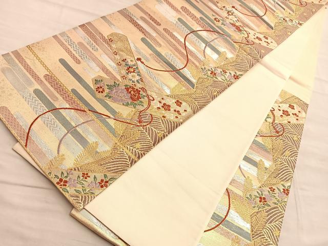 平和屋着物◎六通柄袋帯 唐織 エ霞文箱草花文 金銀糸 正絹 逸品 BAAQ4059du