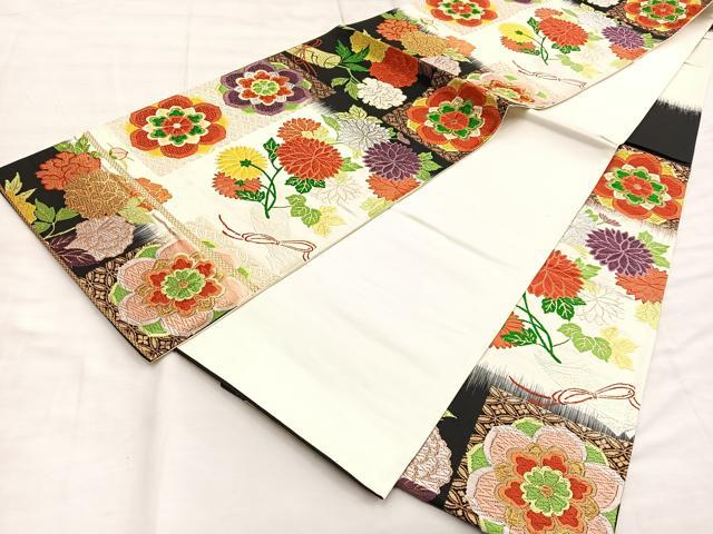 平和屋着物◎六通柄袋帯 唐織 花文 黒地 金銀糸 正絹 逸品 BAAQ6273if