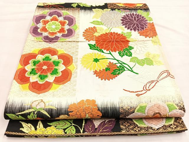 平和屋着物◎六通柄袋帯 唐織 花文 黒地 金銀糸 正絹 逸品 BAAQ6273if