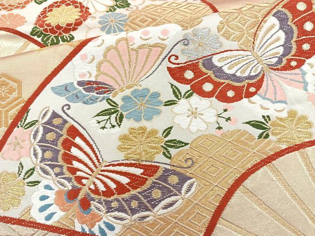 平和屋着物◎六通柄袋帯 唐織 扇花蝶文 金糸 正絹 逸品 BAAQ9576cm