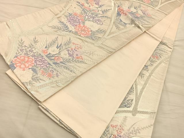 平和屋着物◎六通柄袋帯 唐織 草花文 銀糸 正絹 逸品 BAAQ4232du