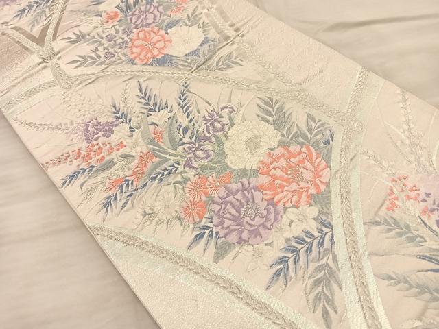 平和屋着物◎六通柄袋帯 唐織 草花文 銀糸 正絹 逸品 BAAQ4232du