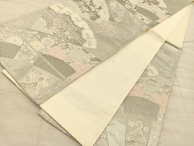 平和屋着物◎六通柄袋帯 唐織 檜扇草花文 プラチナ箔二重織 銀糸 正絹 逸品 BAAQ4233du