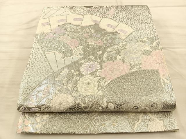 平和屋着物◎六通柄袋帯 唐織 檜扇草花文 プラチナ箔二重織 銀糸 正絹 逸品 BAAQ4233du