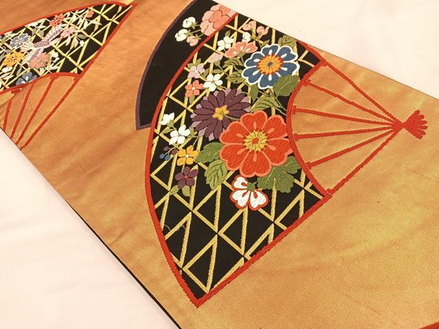 平和屋着物◎六通柄袋帯 能衣扇面散文 黒地 金糸 正絹 逸品 BAAQ4246du