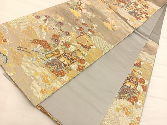 平和屋着物◎六通柄袋帯 飛鶴御所車花文 金糸 正絹 逸品 BAAQ4274du