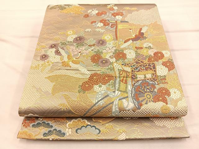 平和屋着物◎六通柄袋帯 飛鶴御所車花文 金糸 正絹 逸品 BAAQ4274du