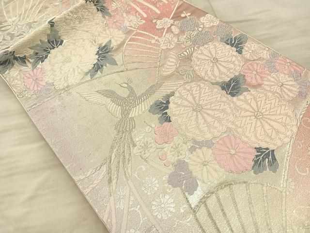平和屋着物◎六通柄袋帯 唐織 鳳凰扇面草花文 銀糸 正絹 逸品 BAAQ4303du