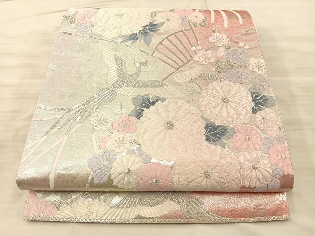 平和屋着物◎六通柄袋帯 唐織 鳳凰扇面草花文 銀糸 正絹 逸品 BAAQ4303du